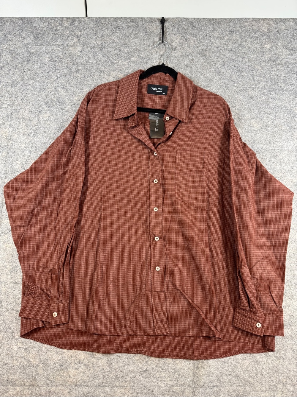 C'est Moi Brown Rust Check Button Up Shirt OS Oversized Minimalist Casual Cotton